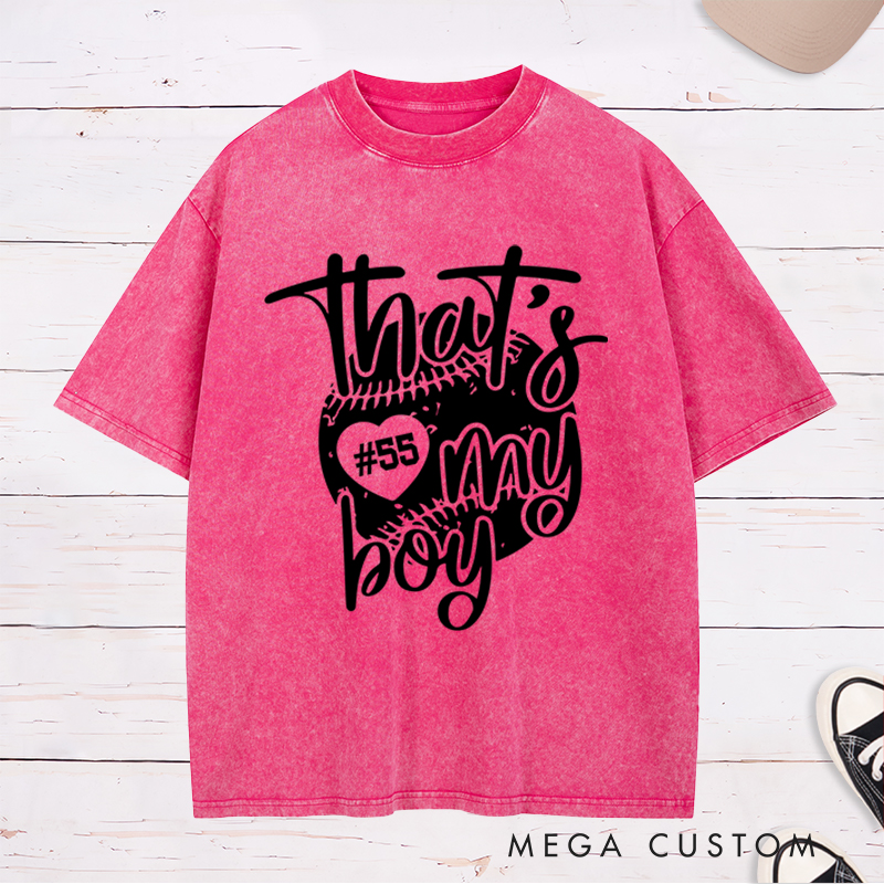 Personalized "That's My Boy" Baseball Mom Washed T-Shirt with Custom Number