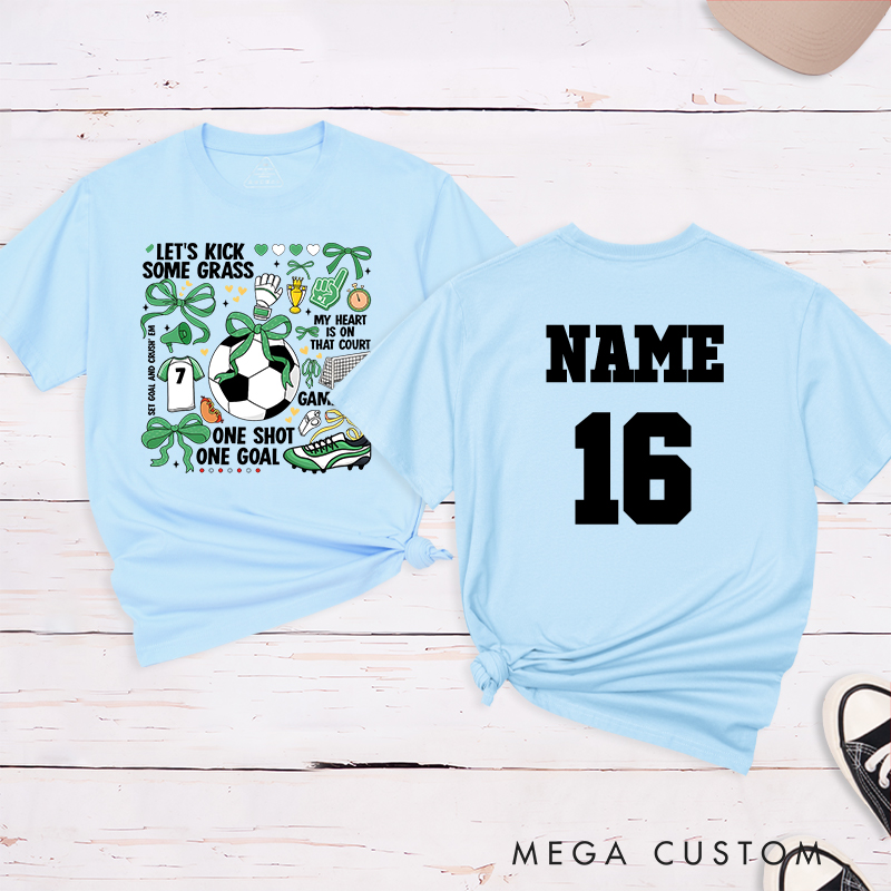Personalized Soccer T-Shirt with Fun "Let's Kick Some Grass" Design and Custom Name and Number