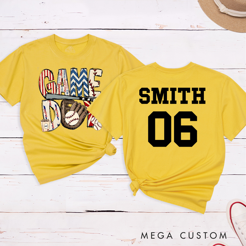 Personalized Patriotic "Game Day" Baseball T-Shirt with Custom Name and Number  