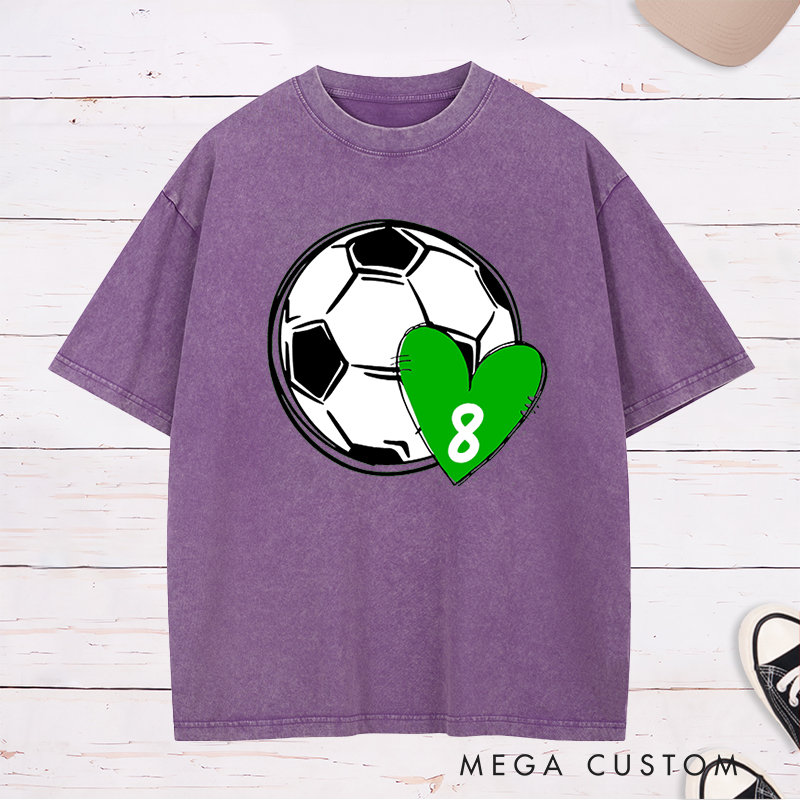 Personalized Soccer Love Washed T-Shirt with Custom Number in Heart