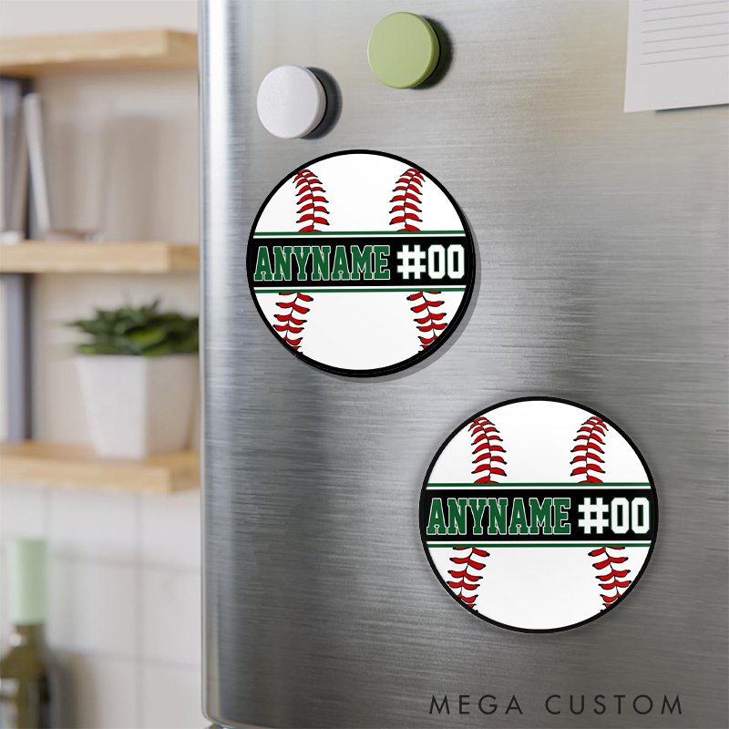 Personalized Graphic Baseball Fridge Magnet with Seam and Customizable Text  