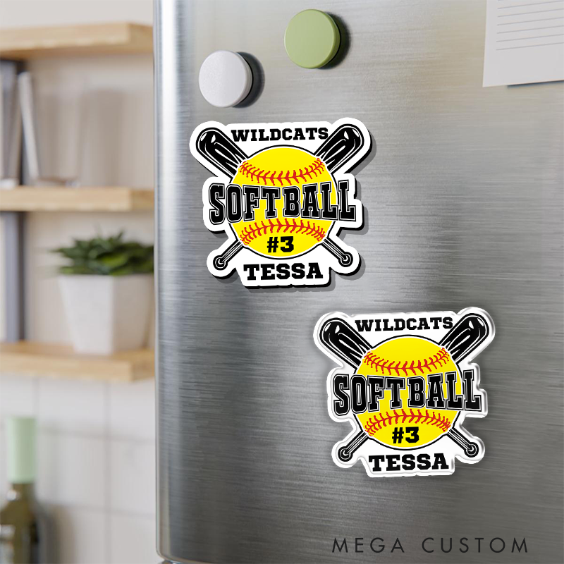 Personalized Softball Refrigerator Magnet with Custom Team Name Player Name Number and Crossed Bats Design