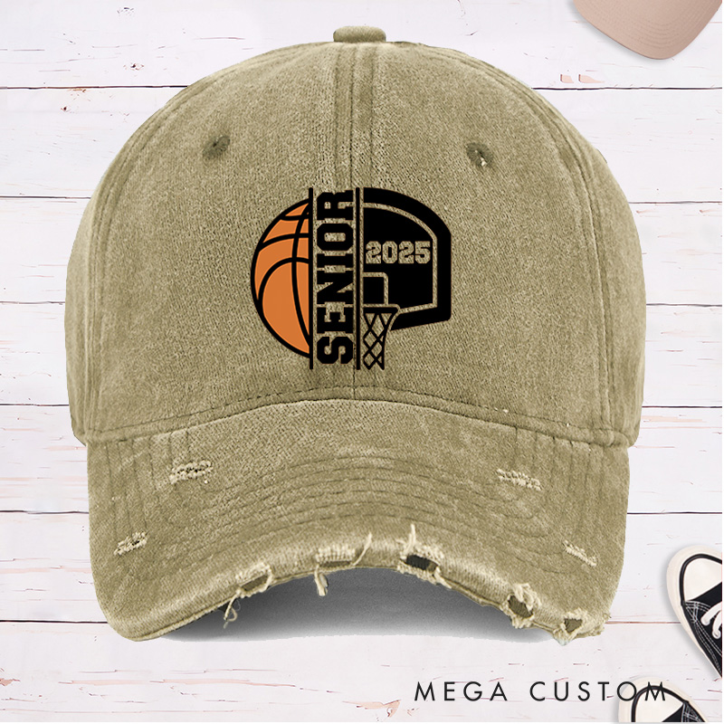 Personalized Distressed Denim Basketball Cap with Customizable Year Senior and Basketball Hoop Graphic Design