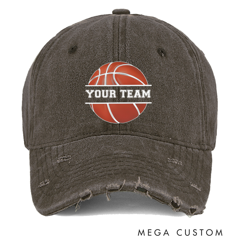 Personalized Distressed Denim Basketball Cap with Team Name and Bold Graphic Design