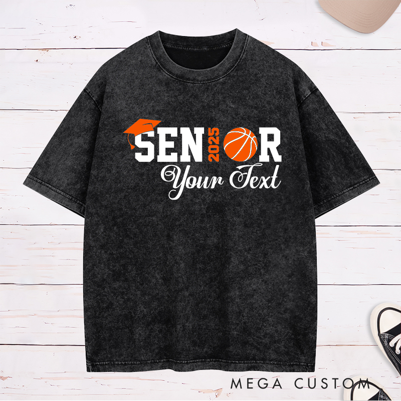 Personalized Washed T-Shirt Design Celebrating Senior 2025 Featuring a Basketball Graphic Graduation Cap and Customizable Text for a Relaxed and Timeless Look