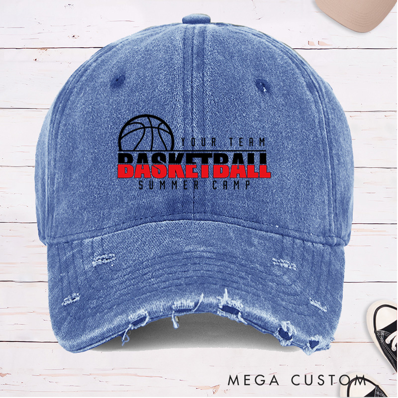 Personalized Distressed Denim Basketball Cap with Custom Team Name and "Basketball Summer Camp" Design