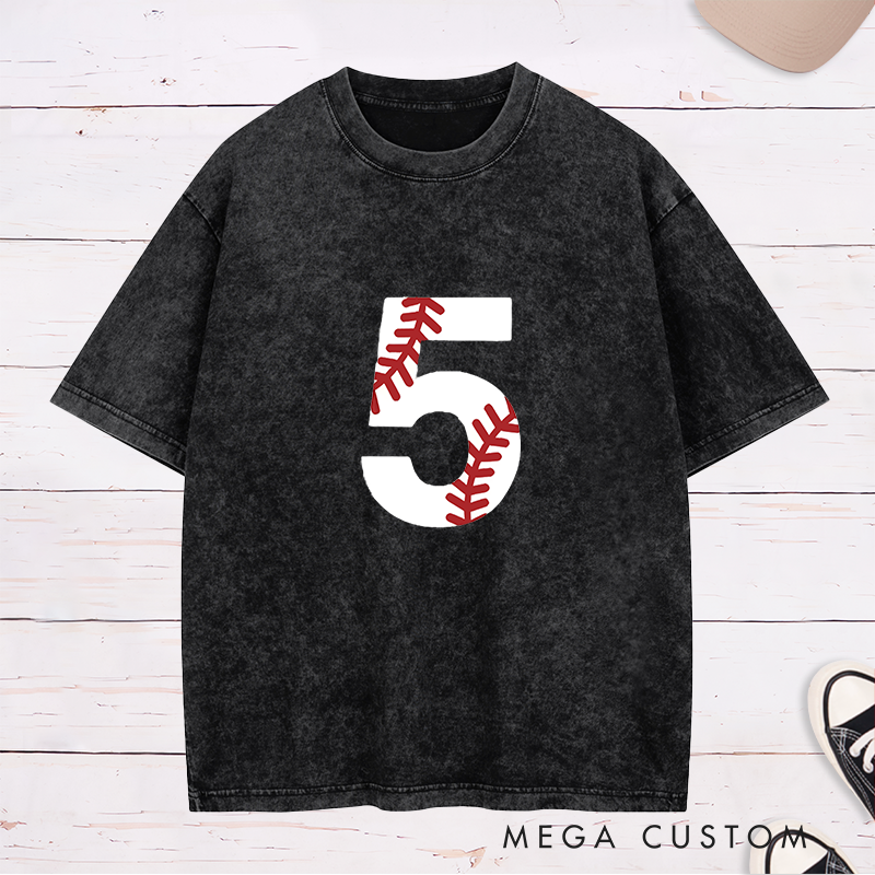 Personalized Baseball Washed T-Shirt with Distressed Number Design for a Unique Look