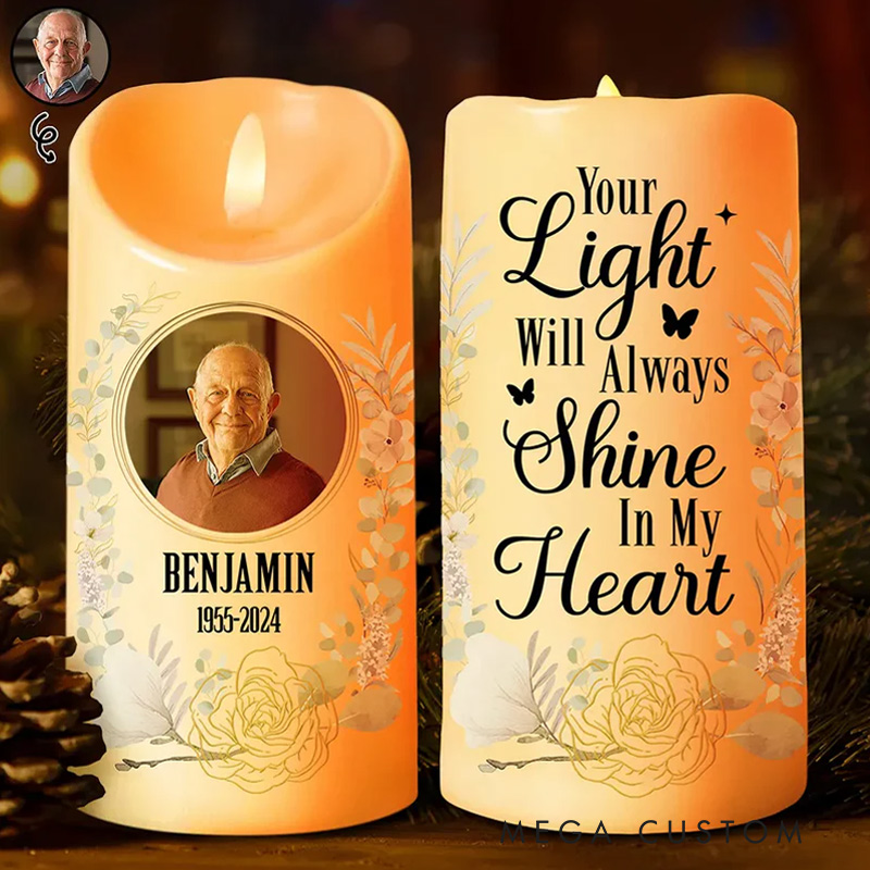Personalized Photo Memorial LED Candle Your Light Will Always Shine In Our Hearts Custom Flameless LED Candle Sympathy Gift