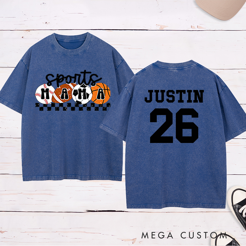 Personalized Sports Mama Washed  T-Shirt with Custom Name and Number