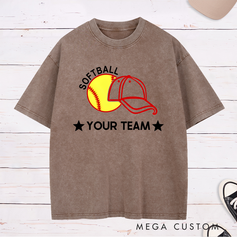 Personalized Softball Team Washed T-Shirt Design Featuring Customizable Team Name Bold Softball Graphic and Baseball Cap Element