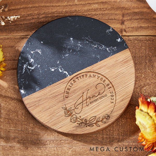 Personalized Engraved Marble and Wood Coaster Housewarming Gift New Home Gift for Couple Custom Wedding Coasters Moving Gifts Housewarming Keepsake