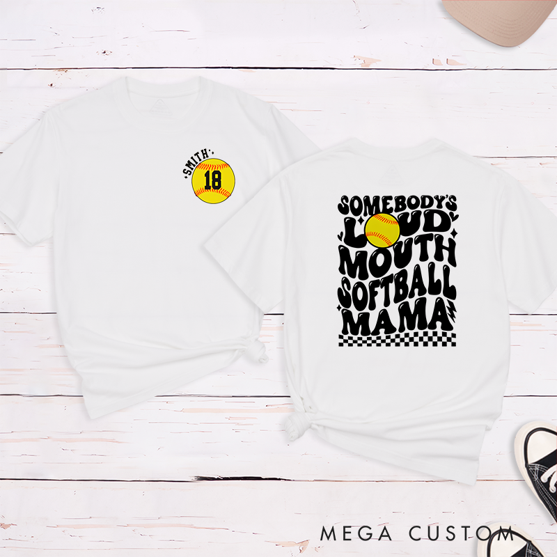 Personalized "Loud Mouth Softball Mama" T-Shirt Design Featuring Bold Retro Text Custom Name and Player Number