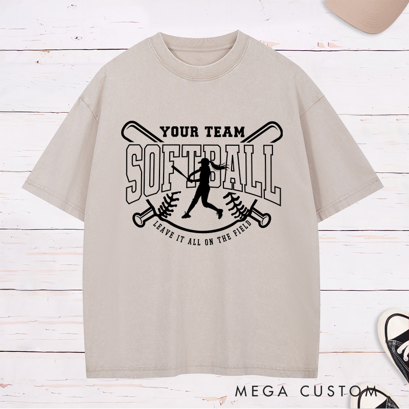 Softball Team Washed T-Shirt Featuring Customizable Team Name Player Silhouette and Motivational Slogan Design