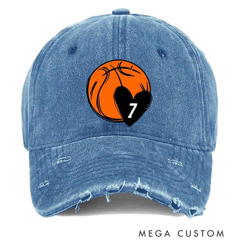 Personalized Distressed Basketball Cap with Custom Jersey Number Heart and Bold Basketball Graphic Design