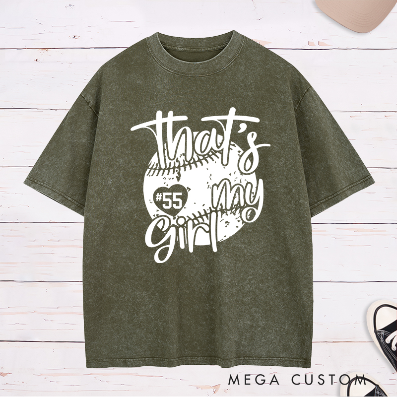Personalized Softball Washed T-Shirt Design Featuring Customizable Player Number Heart-Shaped Accent Playful Handwritten Script Font and Distressed Softball Graphic for a Stylish and Sentimental Look