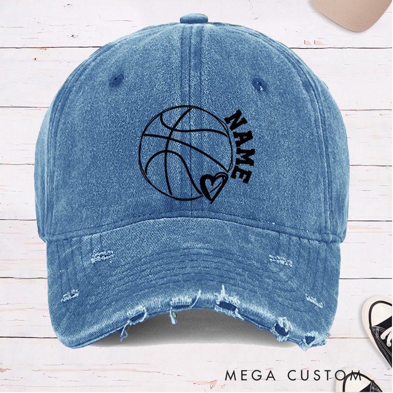 Personalized Distressed Denim Basketball Cap with Custom Name Heart and Basketball Graphic Design