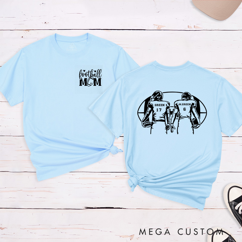 Personalized American Football Mom T-Shirts with Custom 2 Player Name and Number