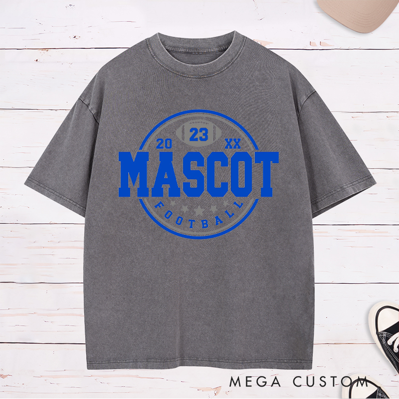 Personalized American Football Washed T-Shirts Featuring Custom Mascot ,Number and Year on the Front