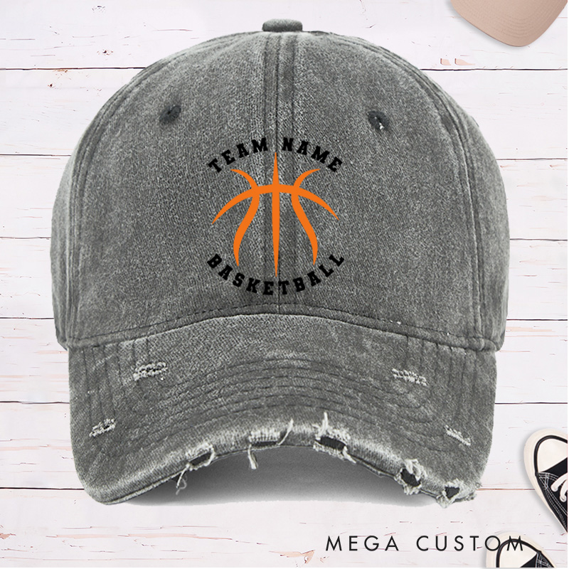 Personalized Distressed Denim Basketball Cap with Custom Team Name and Basketball Graphic Design