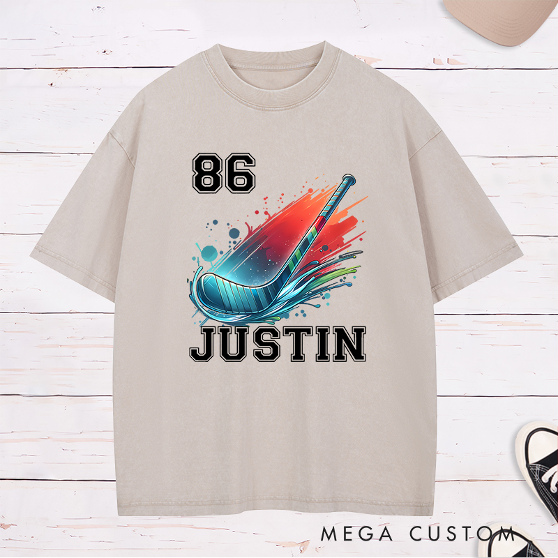 Personalized Athletic Washed T-Shirt with Hockey Stick and Customizable Name