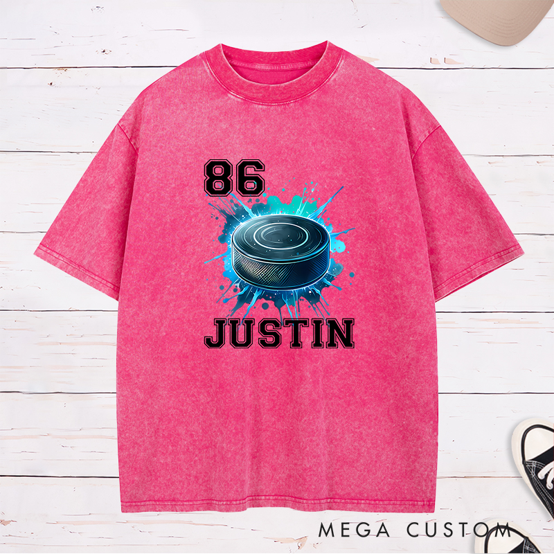 Personalized Athletic Washed T-Shirt Featuring a Vibrant Hockey Puck Graphic and Custom Name