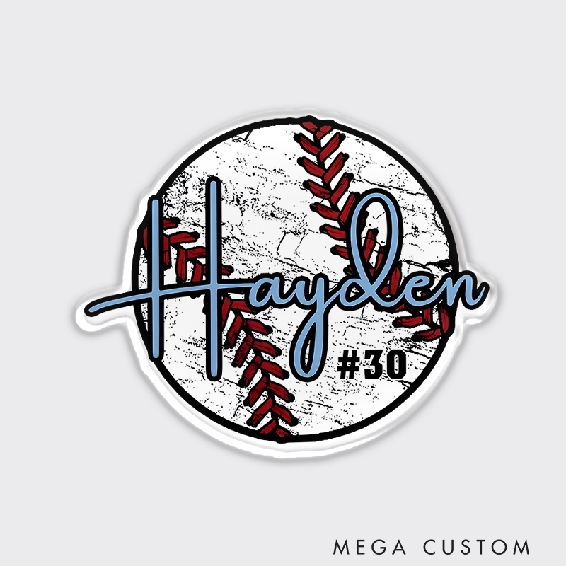 Personalized Cracked Baseball Fridge Magnet with Custom Name and Jersey Number  