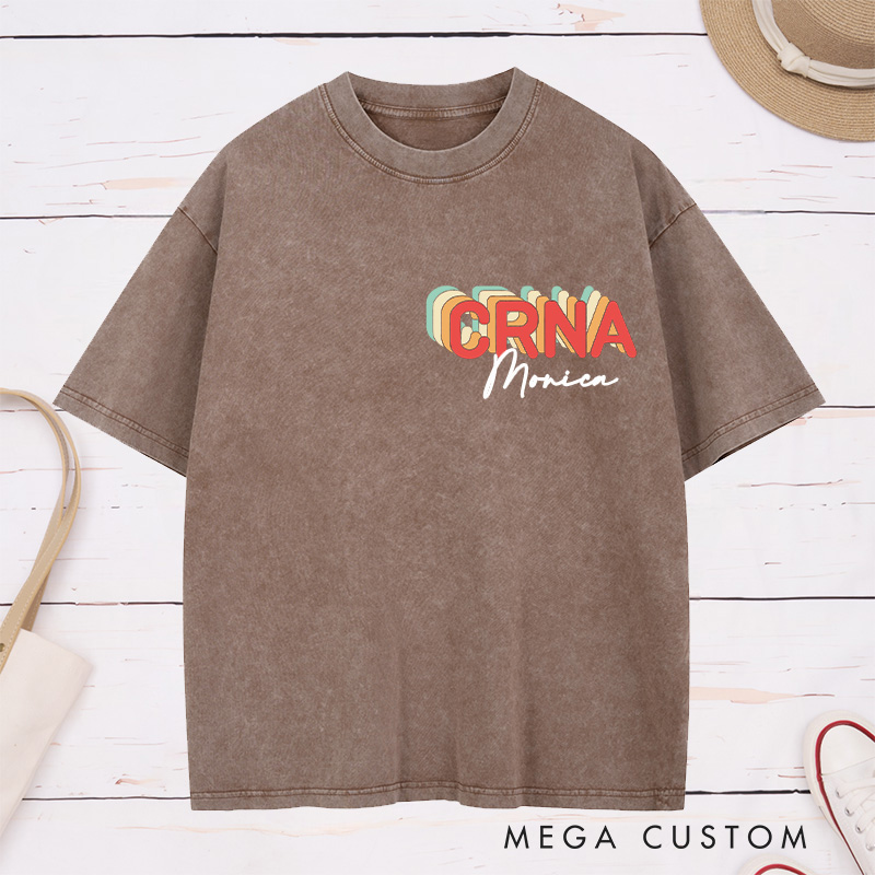 Personalized Nurse Washed T-Shirt Customized Vintage Brown CRNA Design Washed T-Shirt 