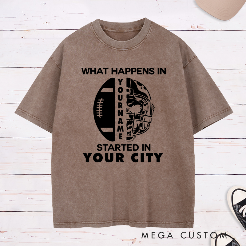 Personalized American Football Skull Washed T-Shirts Featuring Custom Name and City for New Football Fan Shirt Gift