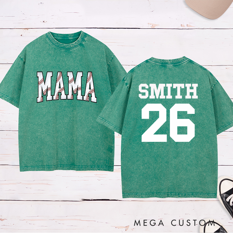 Personalized Vintage-Style "Mama" Baseball Washed T-Shirt with Custom Name and Number