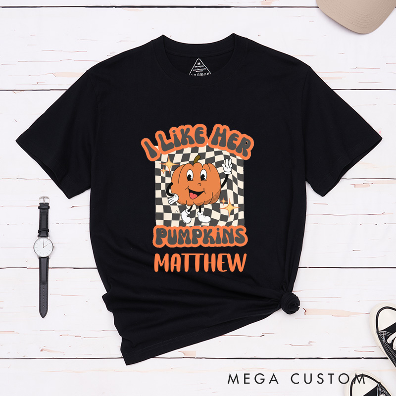 Personalized Pumpkin Emoticon Couple Matching Halloween Shirt Checkerboard Design Couple T-Shirt