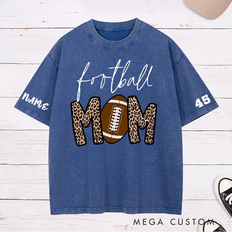 Personalized American Football Mom Washed T-Shirts with Custom Name and Number for Mother's Day