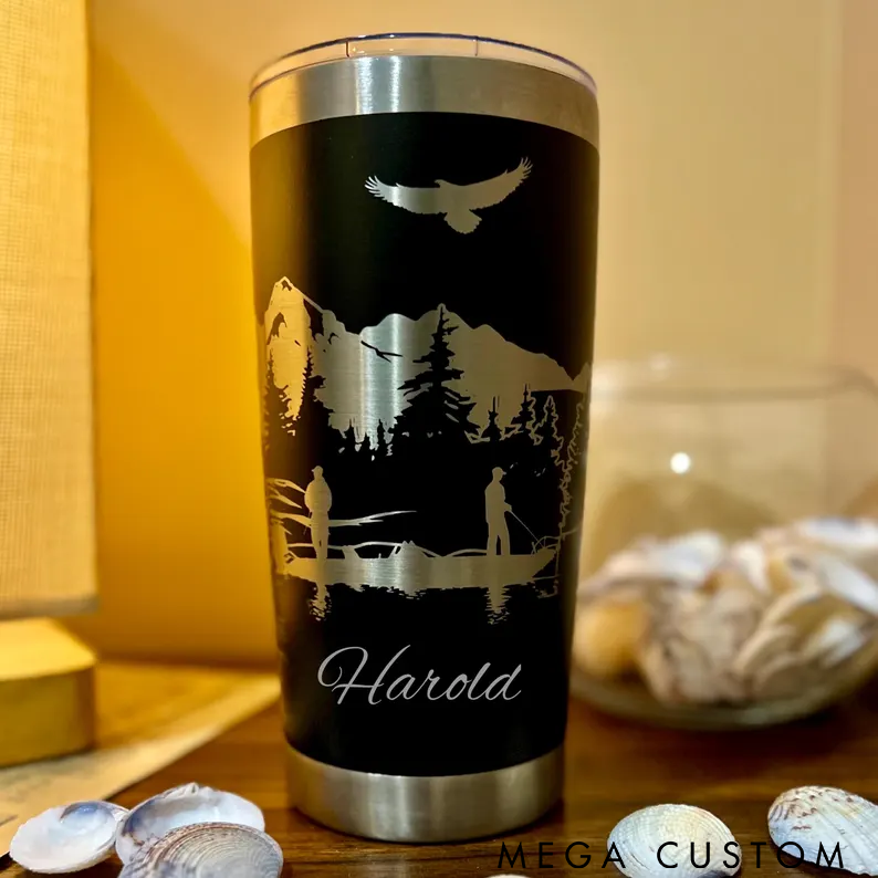 Personalized Fishing Tumbler Custom Name Outdoor Nature Design Stainless Steel Insulated Cup for Hot and Cold Drinks Perfect Gift for Fishing Lover