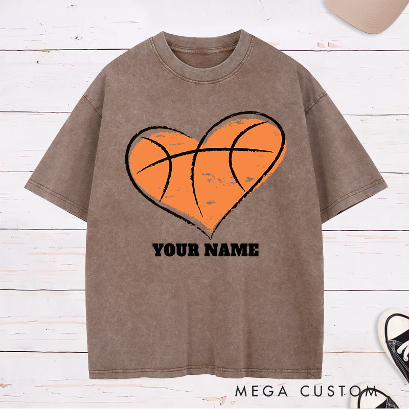 Personalized Washed T-Shirt Design Featuring a Heart-Shaped Basketball Graphic with Customizable Name for a Unique and Stylish Look