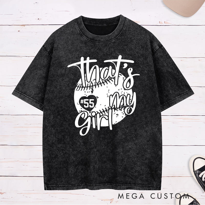 Personalized Softball Washed T-Shirt Design Featuring Customizable Player Number Heart-Shaped Accent Playful Handwritten Script Font and Distressed Softball Graphic for a Stylish and Sentimental Look