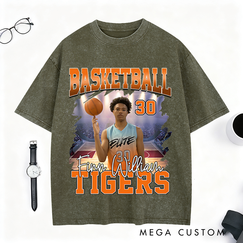 Personalized Basketball Washed T-Shirt Featuring Custom Photo and Team Design