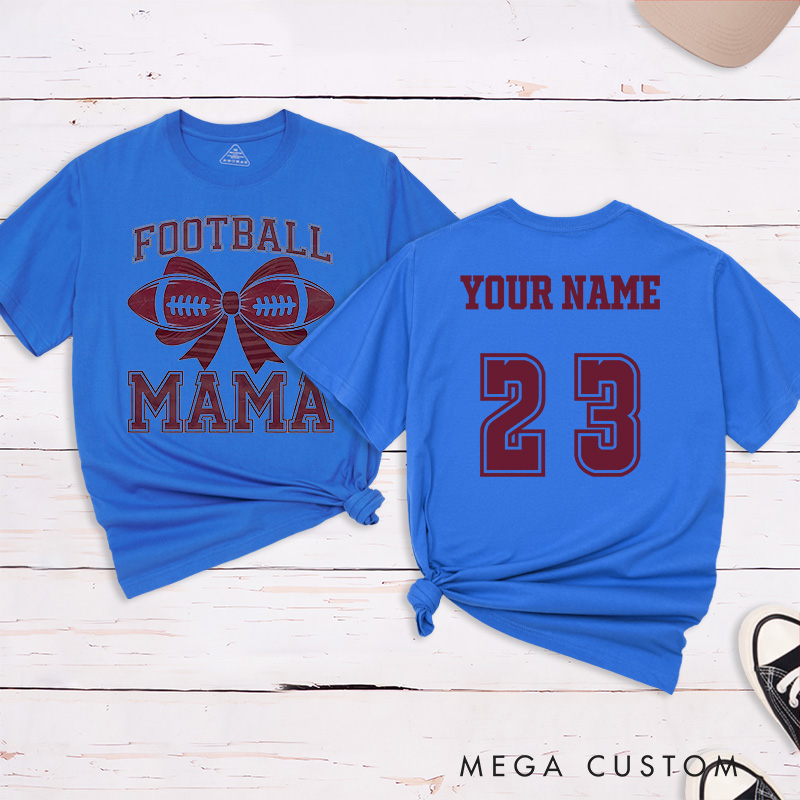Personalized American Football Bow Mom T-Shirts Featuring Custom Name and Number for Game Day Glam