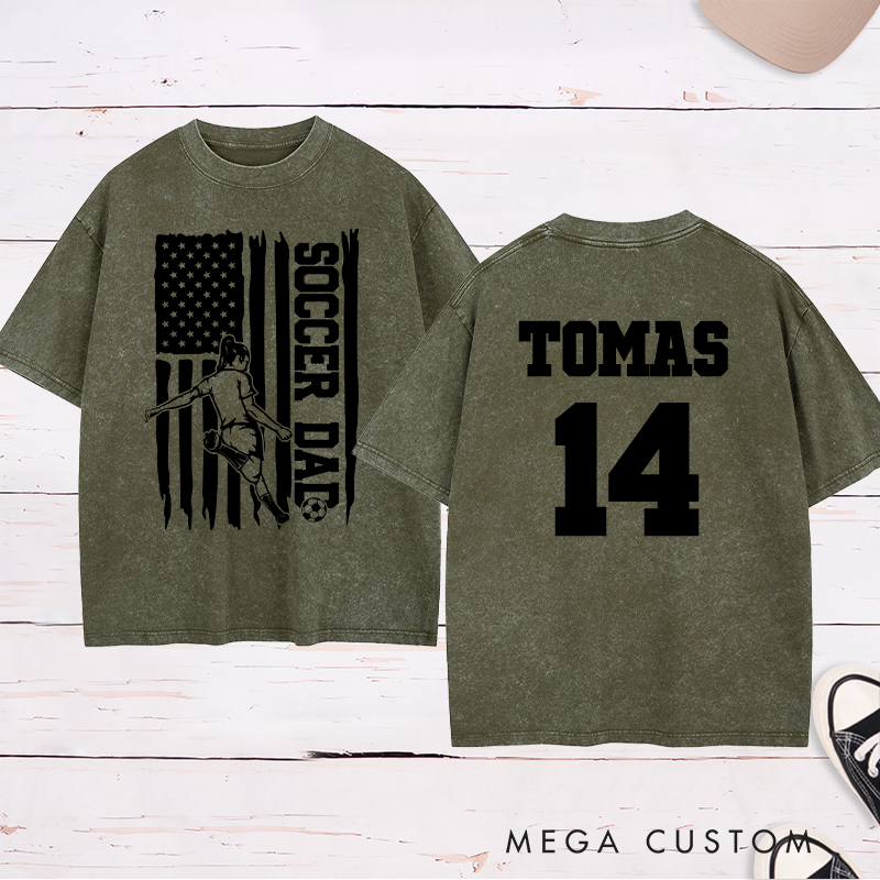 Personalized Soccer Dad Washed T-Shirt with Patriotic Flag Design and Custom Name