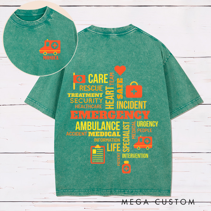 Personalized Two Sides Printed Washed T-Shirt Customized Emergency Care Word Cloud Design Washed T-Shirt 
