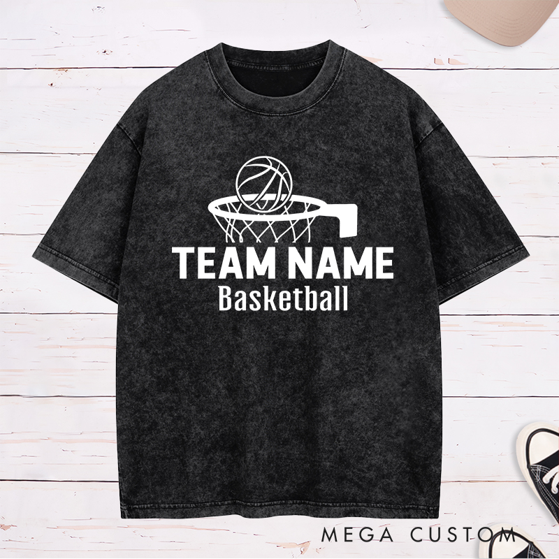 Personalized Washed T-Shirt Design Featuring a Basketball Hoop Graphic with Customizable Team Name and Basketball Text