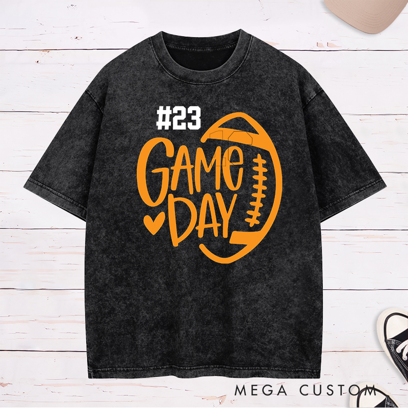 Personalized American Football and Rugby Washed T-Shirts Featuring Custom Number and City for Game Day
