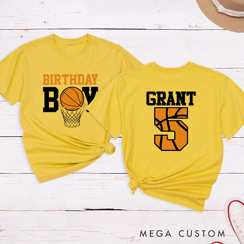 Personalized Birthday Basketball T-Shirt with Custom Name and Age Featuring a Fun Basketball and Hoop Design
