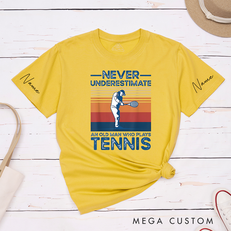 Personalized Tennis T-Shirt with Retro Sunset Graphic and Custom Name 