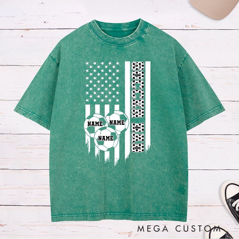 Personalized Soccer Dad Washed T-Shirt with American Flag and Custom Name