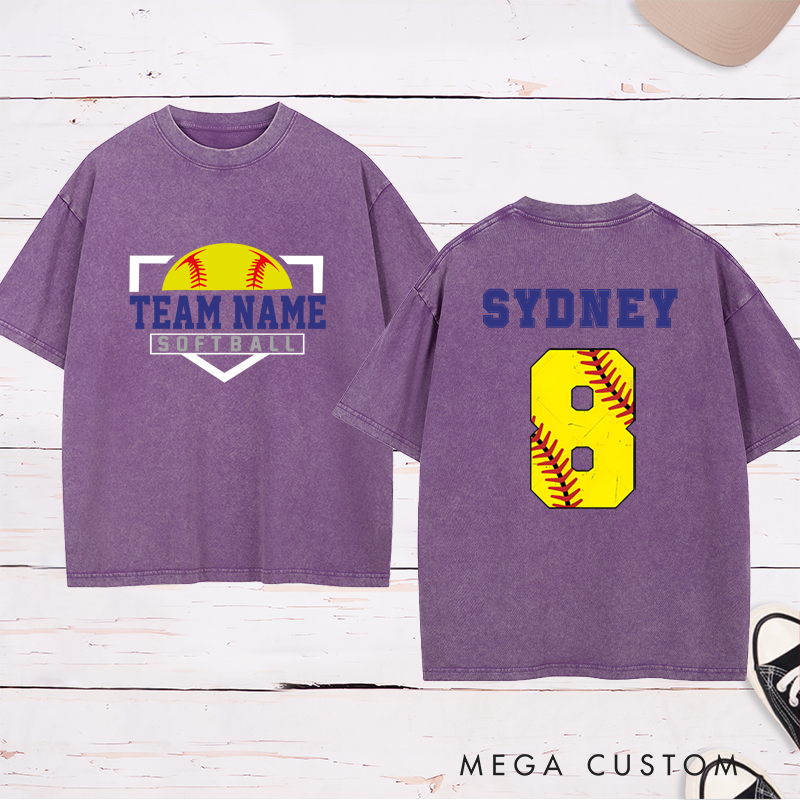 Personalized Softball Washed T-Shirt Design Featuring Custom Team Name on the Front and Player Name with Jersey Number on the Back