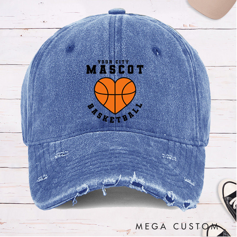 Personalized Distressed Denim Basketball Cap with Custom Team Name Mascot and Heart Basketball Graphic Design