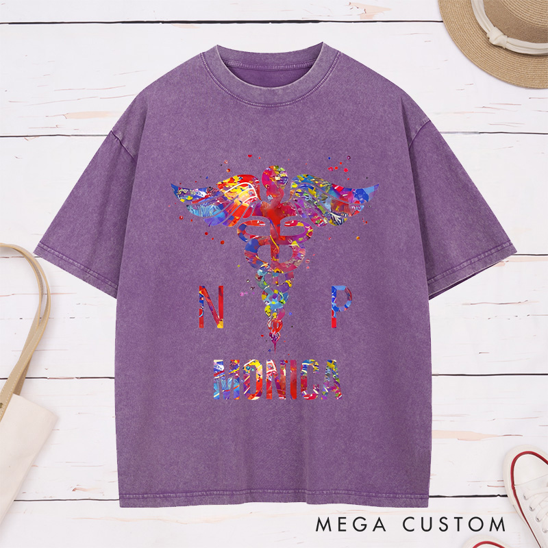 Personalized Nurse Washed T-Shirt Customized NP Colorful Caduceus Graphic Design Washed T-Shirt 