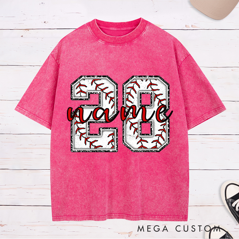 Personalized Baseball Washed T-Shirt Featuring Distressed Numbers and Custom Name and Number
