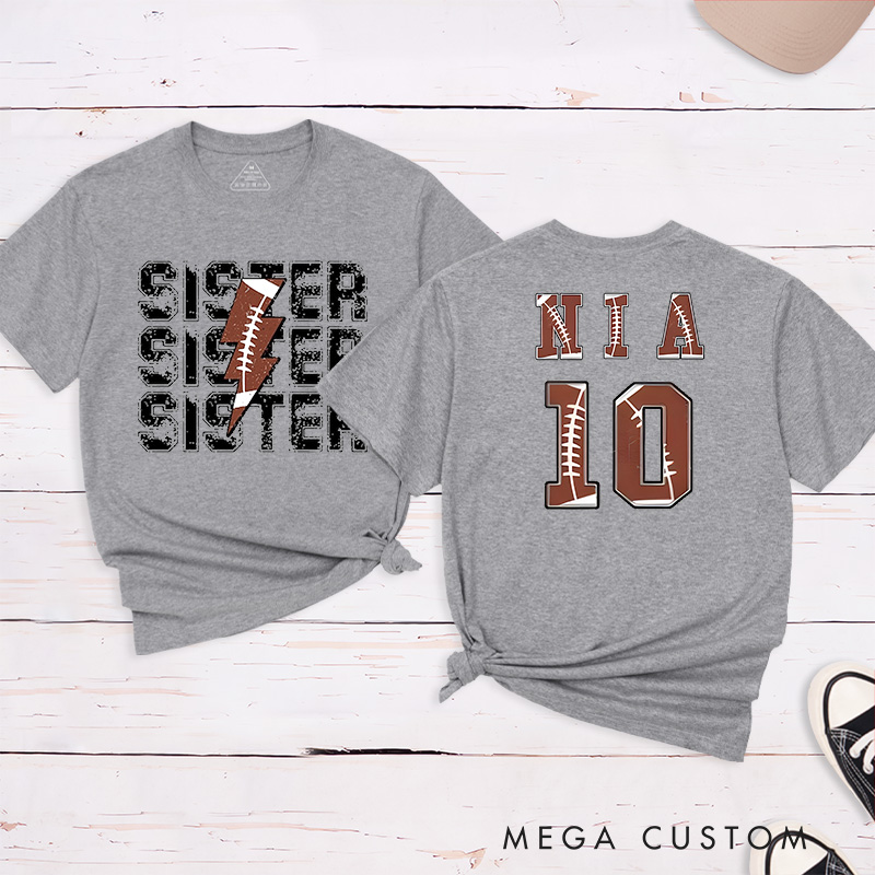 Personalized American Football and Rugby Sister T-Shirts with Custom Name and Number