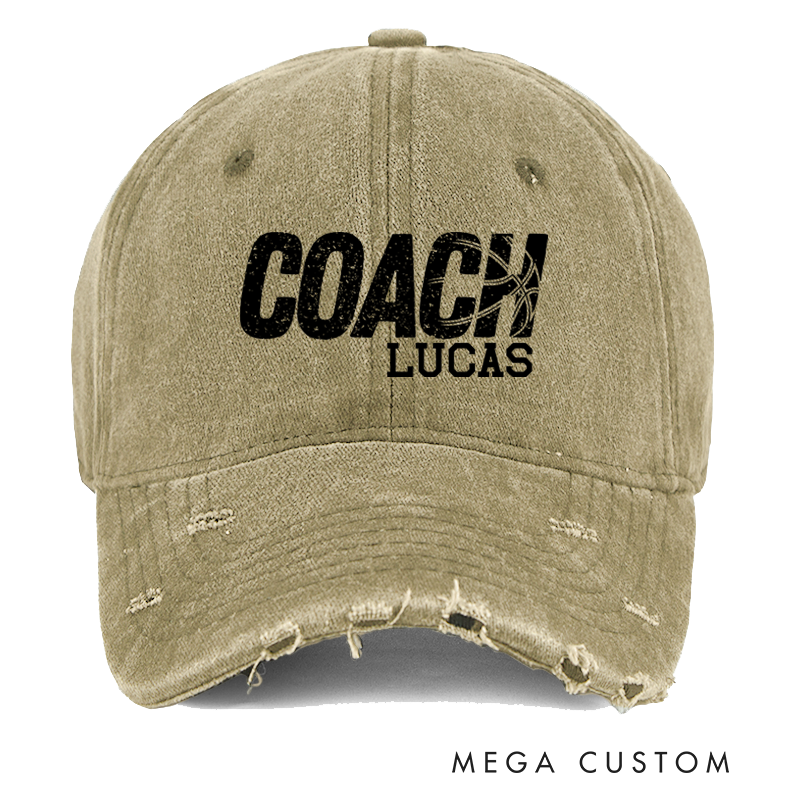 Personalized Distressed Denim Baseball Cap with Custom Coach Name and Basketball Design