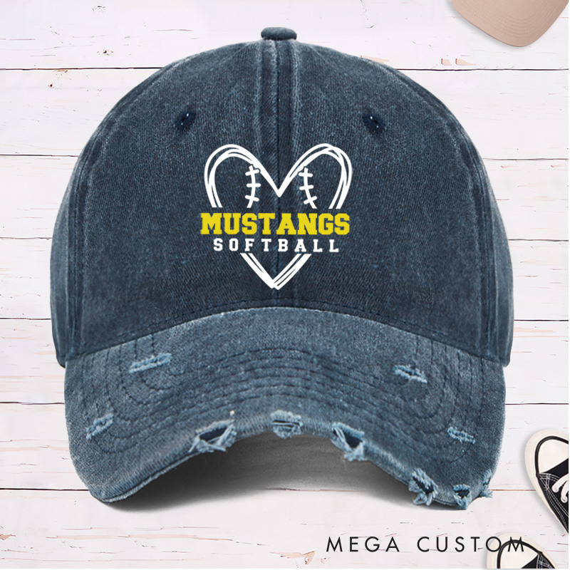 Personalized Distressed Denim Softball Cap with Custom Team Name and Heart Shaped Softball Design